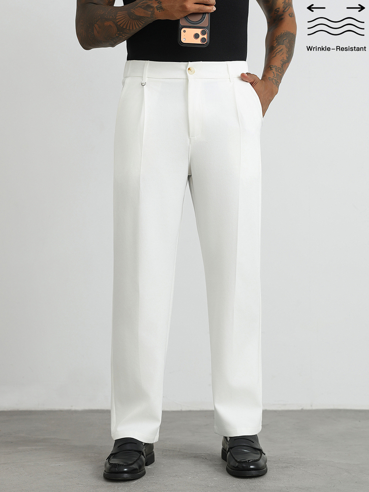 HUEFORM Men's White Classic Versatile Elegant High-Waist Loose Drape Comfortable Pants With D-Ring Buckle Decor, Ins Style - White - View 4