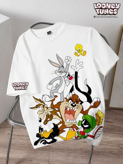LOONEY TUNES X SHEIN Manfinity Joysei Heren Plus Size Zomer Casual Street Cartoon Print T-shirt Semi Formeel Carrière Dag Wit