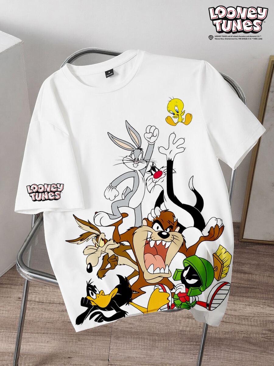 LOONEY TUNES X SHEIN Daypath 男士大尺碼夏季休閒街頭卡通印花T恤 半正式職業日 白色 - 白色 - 查看 1