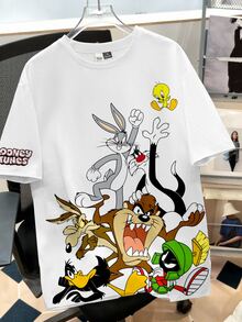 LOONEY TUNES X SHEIN Daypath 男士大尺碼夏季休閒街頭卡通印花T恤 半正式職業日 白色 - 白色 - 查看 5