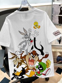 LOONEY TUNES X SHEIN Daypath 男士大尺碼夏季休閒街頭卡通印花T恤 半正式職業日 白色 - 白色 - 查看 2