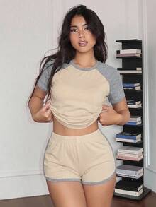 DAZY Slim Fit Short Contrast Color Raglan Sleeve Casual 2-Piece Loungewear Set - Apricot - View 3
