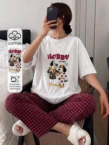 DAZY 可愛小狗圖案寬鬆短袖T恤與格紋直筒長睡褲2件組夏季女款居家睡衣 - 白色 - 查看 3