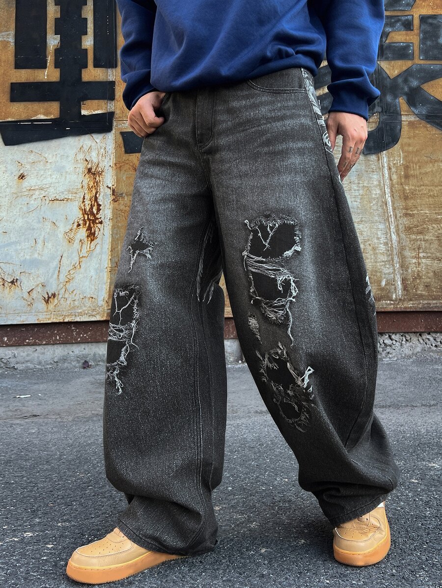 DAZY Autumn Washed Distressed Dark Blue Men's Jeans - Black - View 1