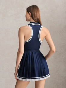 Activina Women's Summer And Spring Casual Daily Outing Navy Blue Solid Color Sports Dress Contrasting White Stripes With Breathable Fabric - Navy Blue - View 3