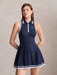 Activina Women's Summer And Spring Casual Daily Outing Navy Blue Solid Color Sports Dress Contrasting White Stripes With Breathable Fabric - Navy Blue - View 4
