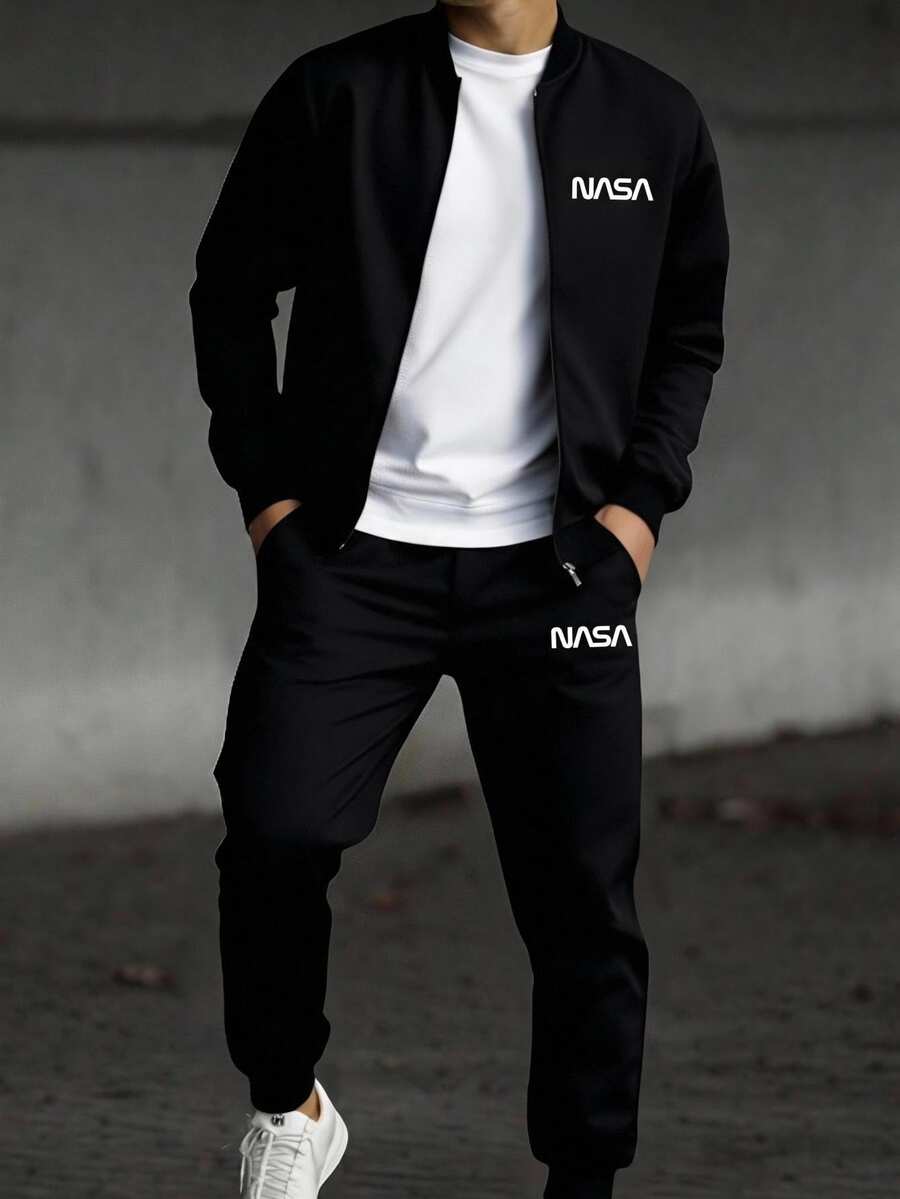 Conjunto de chaqueta con cremallera de manga larga con estampado de letras y pantalones con cordón y lazo para niño preadolescente - Negro - Ver 1