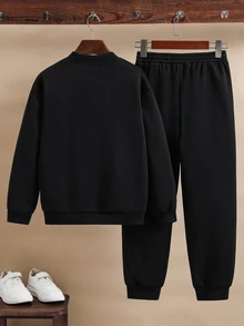 Conjunto de chaqueta con cremallera de manga larga con estampado de letras y pantalones con cordón y lazo para niño preadolescente - Negro - Ver 4