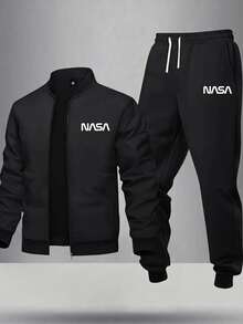 Conjunto de chaqueta con cremallera de manga larga con estampado de letras y pantalones con cordón y lazo para niño preadolescente - Negro - Ver 2