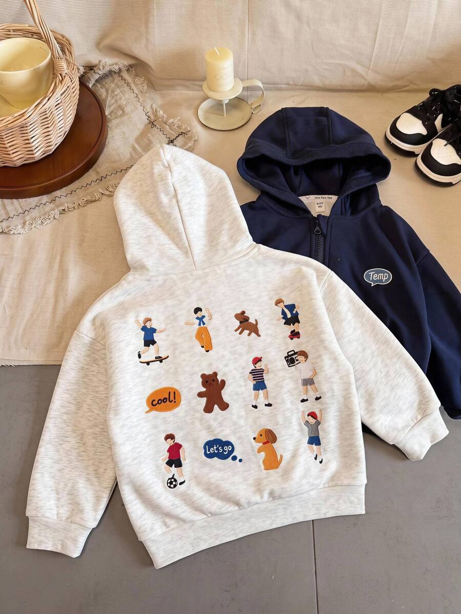 SHEIN Little Byeori 兒童小男孩休閒毛絨保暖加厚內裡寬鬆長袖連帽衛衣，復古風，適合秋冬，校園、家庭聚會、返校、運動、秋季穿搭、冬季穿搭、生日派對