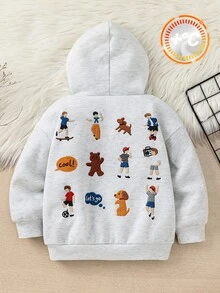 SHEIN Little Byeori 兒童小男孩休閒毛絨保暖加厚內裡寬鬆長袖連帽衛衣，復古風，適合秋冬，校園、家庭聚會、返校、運動、秋季穿搭、冬季穿搭、生日派對 - 白色 - 查看 5