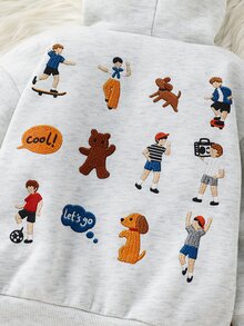 SHEIN Little Byeori 兒童小男孩休閒毛絨保暖加厚內裡寬鬆長袖連帽衛衣，復古風，適合秋冬，校園、家庭聚會、返校、運動、秋季穿搭、冬季穿搭、生日派對 - 白色 - 查看 4