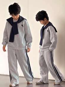 3件組買2送1兒童青少年男孩休閒韓風可拆卸披肩領寬鬆圓領衛衣與鬆緊腰長褲套裝，適合秋冬、學校、家庭聚會、開學季、運動、秋季穿搭、冬季穿搭、生日派對 - 彩色 - 查看 3