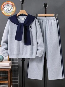 3件組買2送1兒童青少年男孩休閒韓風可拆卸披肩領寬鬆圓領衛衣與鬆緊腰長褲套裝，適合秋冬、學校、家庭聚會、開學季、運動、秋季穿搭、冬季穿搭、生日派對 - 彩色 - 查看 5