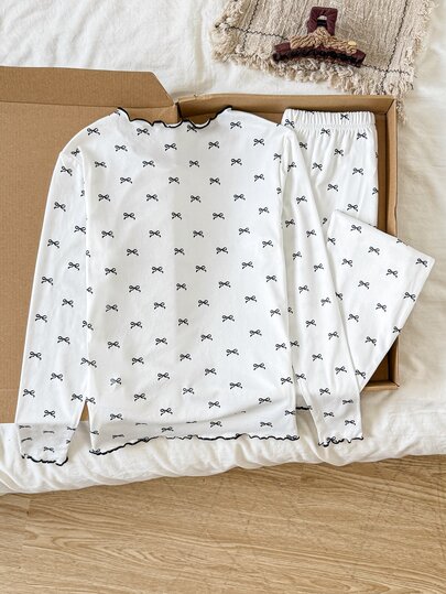SHEIN KidsTween Girl Casual Home Sweet Black & White Bow Print Contrast Trim Long Sleeve T-Shirt & Straight Leg Wide Leg Pants 2 Pieces Set Fall/Winter Outfits Random Send 2 Pcs