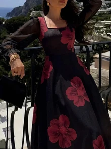 Modelyn Women's Elegant Black & Red Floral Square Neck Lantern Sleeve Dress, Sheer Sleeves Cinched Waist Flared Hem Flowy Elegant Dress, Suitable For Party & Vacation - Black - View 3