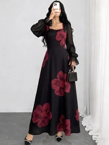 Modelyn Women's Elegant Black & Red Floral Square Neck Lantern Sleeve Dress, Sheer Sleeves Cinched Waist Flared Hem Flowy Elegant Dress, Suitable For Party & Vacation - Black - View 5