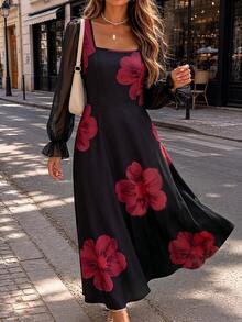 Modelyn Women's Elegant Black & Red Floral Square Neck Lantern Sleeve Dress, Sheer Sleeves Cinched Waist Flared Hem Flowy Elegant Dress, Suitable For Party & Vacation - Black - View 8