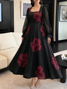 Modelyn Women's Elegant Black & Red Floral Square Neck Lantern Sleeve Dress, Sheer Sleeves Cinched Waist Flared Hem Flowy Elegant Dress, Suitable For Party & Vacation - Black - View 7