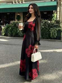 Modelyn Women's Elegant Black & Red Floral Square Neck Lantern Sleeve Dress, Sheer Sleeves Cinched Waist Flared Hem Flowy Elegant Dress, Suitable For Party & Vacation - Black - View 1