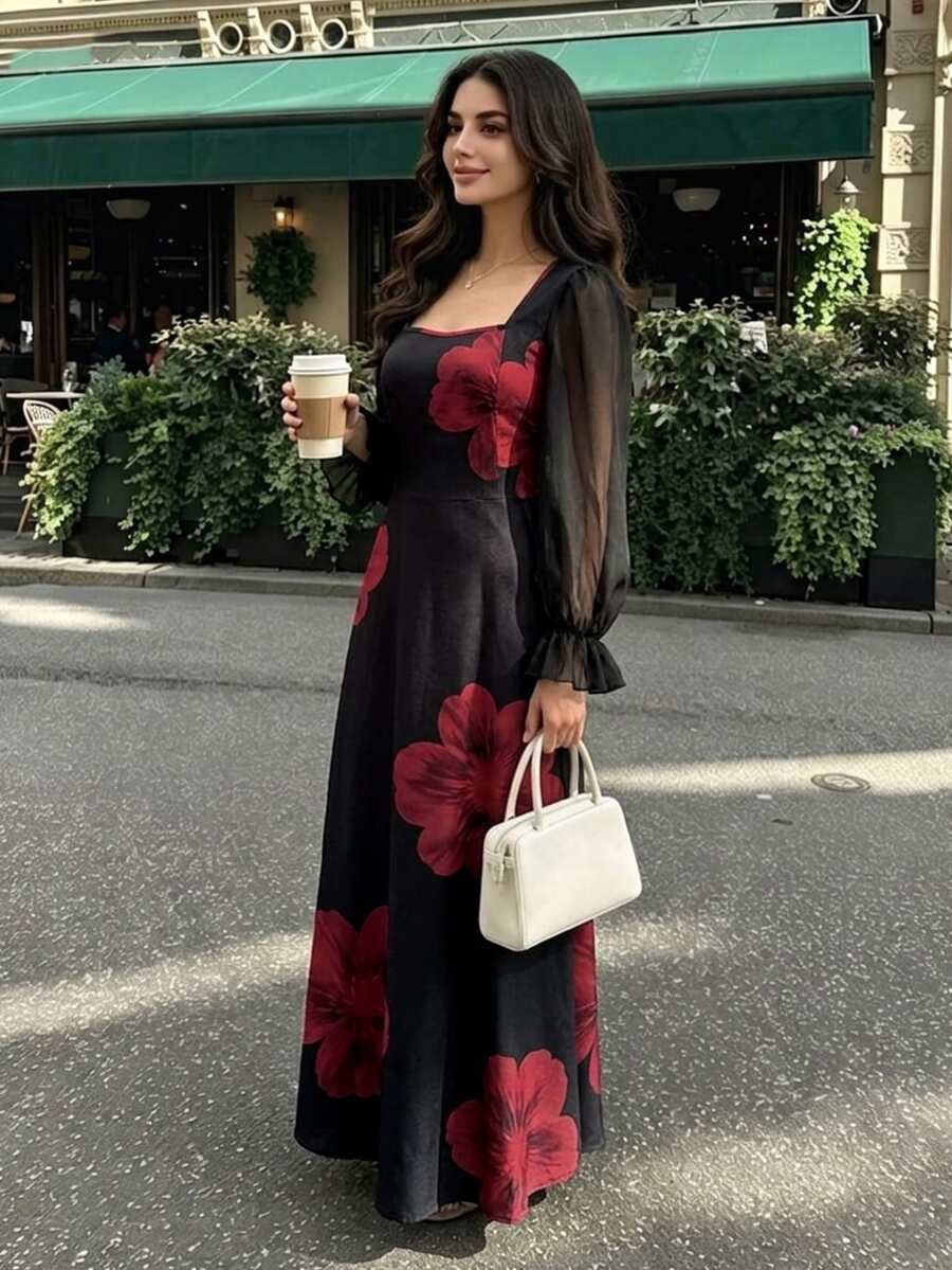 Modelyn Women's Elegant Black & Red Floral Square Neck Lantern Sleeve Dress, Sheer Sleeves Cinched Waist Flared Hem Flowy Elegant Dress, Suitable For Party & Vacation - Black - View 1