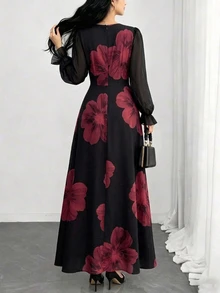 Modelyn Women's Elegant Black & Red Floral Square Neck Lantern Sleeve Dress, Sheer Sleeves Cinched Waist Flared Hem Flowy Elegant Dress, Suitable For Party & Vacation - Black - View 4
