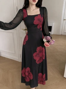 Modelyn Women's Elegant Black & Red Floral Square Neck Lantern Sleeve Dress, Sheer Sleeves Cinched Waist Flared Hem Flowy Elegant Dress, Suitable For Party & Vacation - Black - View 6