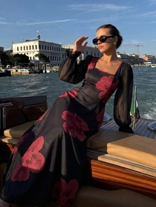 Modelyn Women's Elegant Black & Red Floral Square Neck Lantern Sleeve Dress, Sheer Sleeves Cinched Waist Flared Hem Flowy Elegant Dress, Suitable For Party & Vacation - Black - View 2
