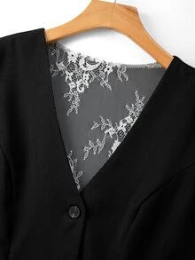 Grovea Plus Size Solid Color Minimalist Normal Elegant Casual Lace Patchwork Design Women's Versatile Short Jacket Evening Office Formal Black Autumn Fall - Black - View 5