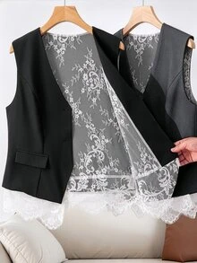 Grovea Plus Size Solid Color Minimalist Normal Elegant Casual Lace Patchwork Design Women's Versatile Short Jacket Evening Office Formal Black Autumn Fall - Black - View 3