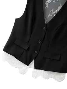 Grovea Plus Size Solid Color Minimalist Normal Elegant Casual Lace Patchwork Design Women's Versatile Short Jacket Evening Office Formal Black Autumn Fall - Black - View 7