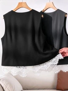Grovea Plus Size Solid Color Minimalist Normal Elegant Casual Lace Patchwork Design Women's Versatile Short Jacket Evening Office Formal Black Autumn Fall - Black - View 2