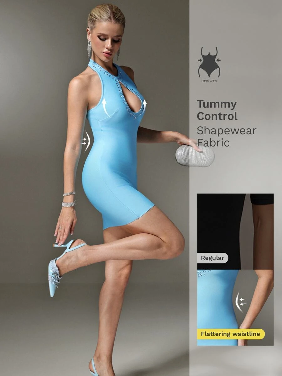 Nuvra Gaun Mini Model Malam Hari Warna Biru Muda dengan Hiasan Berlian Imitasi Penuh, Leher Halter, dan Bagian Belakang Silang, Seksi untuk Pesta Malam di Klub Musim Panas - Baby Blue - View 1