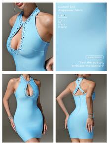 Nuvra Gaun Mini Model Malam Hari Warna Biru Muda dengan Hiasan Berlian Imitasi Penuh, Leher Halter, dan Bagian Belakang Silang, Seksi untuk Pesta Malam di Klub Musim Panas - Baby Blue - View 6