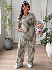SHEIN EZwear 大尺碼女款條紋圓領T恤與長褲休閒兩件套 - 彩色 - 查看 3