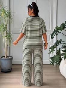 SHEIN EZwear 大尺碼女款條紋圓領T恤與長褲休閒兩件套 - 彩色 - 查看 2