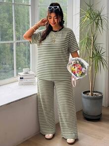 SHEIN EZwear 大尺碼女款條紋圓領T恤與長褲休閒兩件套 - 彩色 - 查看 5