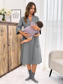 Slowluna Maternity Solid Color Long Sleeve Waist Knot Nursing Dress Fall - Grey - View 6
