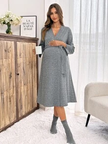 Slowluna Maternity Solid Color Long Sleeve Waist Knot Nursing Dress Fall - Grey - View 5