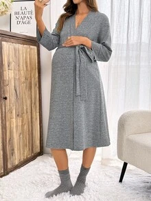 Slowluna Maternity Solid Color Long Sleeve Waist Knot Nursing Dress Fall - Grey - View 4