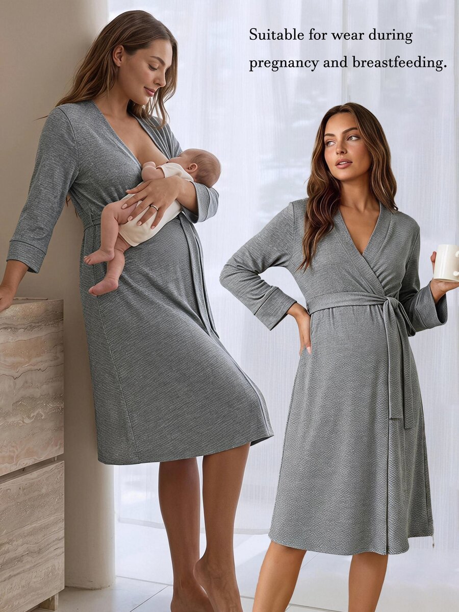 Slowluna Maternity Solid Color Long Sleeve Waist Knot Nursing Dress Fall - Grey - View 1