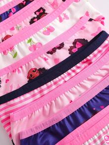 SHEIN 10件女童幼兒少女柔軟內褲，對比色肩帶設計，圖案款，可愛櫻桃圖案，蝴蝶結元素，顏色包括粉色、皇家藍、白色。親膚面料，適合日常休閒穿著。多圖案內褲適合四季穿著，全天舒適貼身 - 彩色 - 查看 8