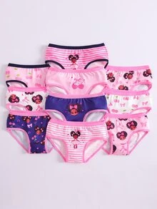 SHEIN 10件女童幼兒少女柔軟內褲，對比色肩帶設計，圖案款，可愛櫻桃圖案，蝴蝶結元素，顏色包括粉色、皇家藍、白色。親膚面料，適合日常休閒穿著。多圖案內褲適合四季穿著，全天舒適貼身 - 彩色 - 查看 7