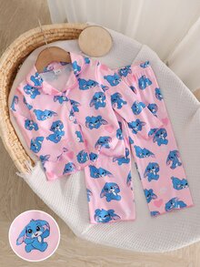 Infant Girls Comfortable Soft Pink Cute Floral Heart Blue Rabbit All-Over Print Pattern Collared Button-Up Trim Long Sleeve Long Pants Pajama Set - Baby Pink - View 5