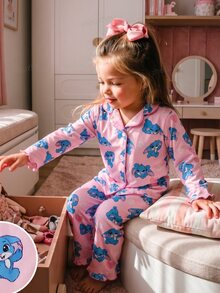 Infant Girls Comfortable Soft Pink Cute Floral Heart Blue Rabbit All-Over Print Pattern Collared Button-Up Trim Long Sleeve Long Pants Pajama Set - Baby Pink - View 8