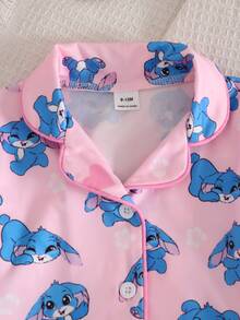 Infant Girls Comfortable Soft Pink Cute Floral Heart Blue Rabbit All-Over Print Pattern Collared Button-Up Trim Long Sleeve Long Pants Pajama Set - Baby Pink - View 3