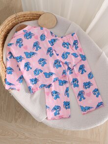 Infant Girls Comfortable Soft Pink Cute Floral Heart Blue Rabbit All-Over Print Pattern Collared Button-Up Trim Long Sleeve Long Pants Pajama Set - Baby Pink - View 2