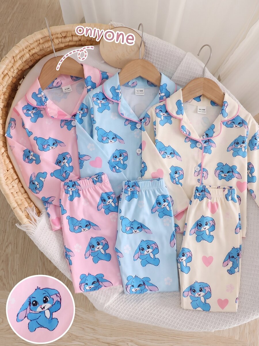Infant Girls Comfortable Soft Pink Cute Floral Heart Blue Rabbit All-Over Print Pattern Collared Button-Up Trim Long Sleeve Long Pants Pajama Set - Baby Pink - View 1