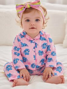 Infant Girls Comfortable Soft Pink Cute Floral Heart Blue Rabbit All-Over Print Pattern Collared Button-Up Trim Long Sleeve Long Pants Pajama Set - Baby Pink - View 9