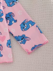 Infant Girls Comfortable Soft Pink Cute Floral Heart Blue Rabbit All-Over Print Pattern Collared Button-Up Trim Long Sleeve Long Pants Pajama Set - Baby Pink - View 6